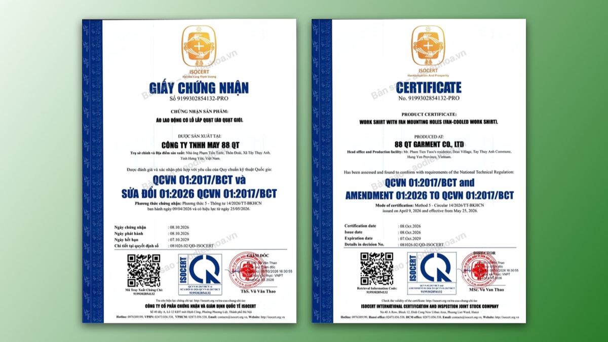 Áo rời KITO đạt chứng nhận hợp quy QCVN 01:2017/BCT do ISOCERT cấp