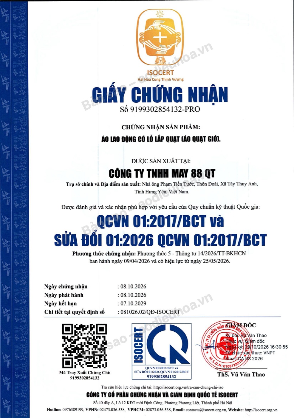 Giấy chứng nhận hợp quy số 9199302854132-PRO của áo rời KITO do ISOCERT cấp