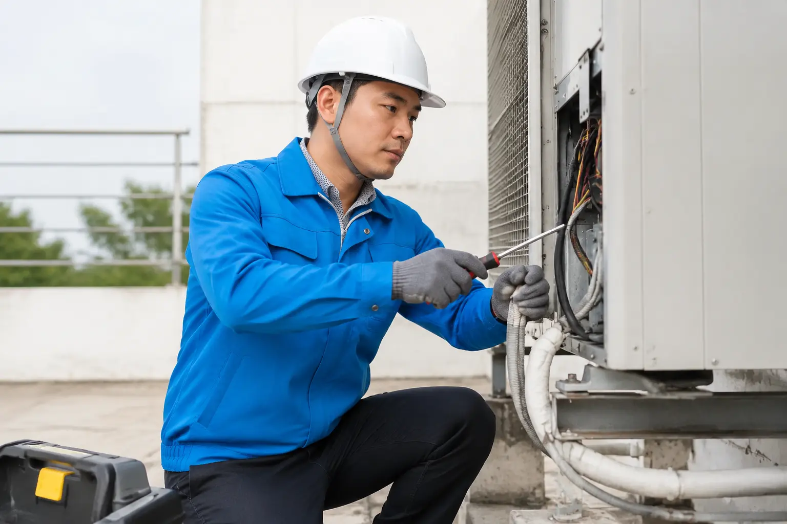 Thợ sửa điều hòa mặc áo điều hòa KT01 - xanh dương