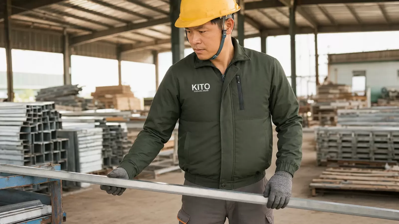 Người lao động mặc áo KITO KT05 xanh rêu tại công trình/kho xưởng