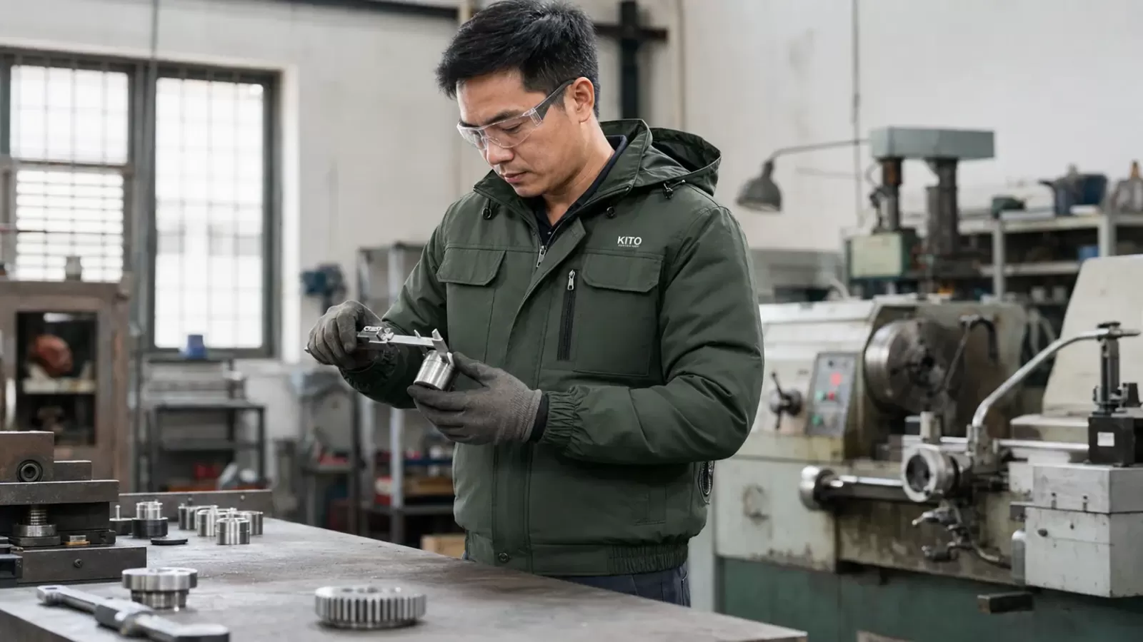 Công nhân mặc áo điều hòa KITO KT04 tại xưởng cơ khí