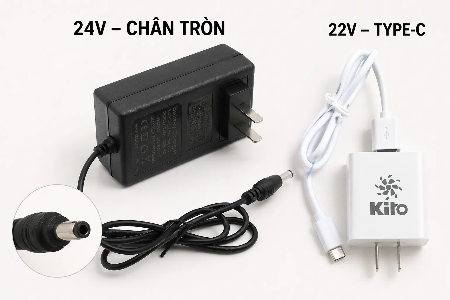 Sạc chân tròn của 24V và sạc chân type C của 22V