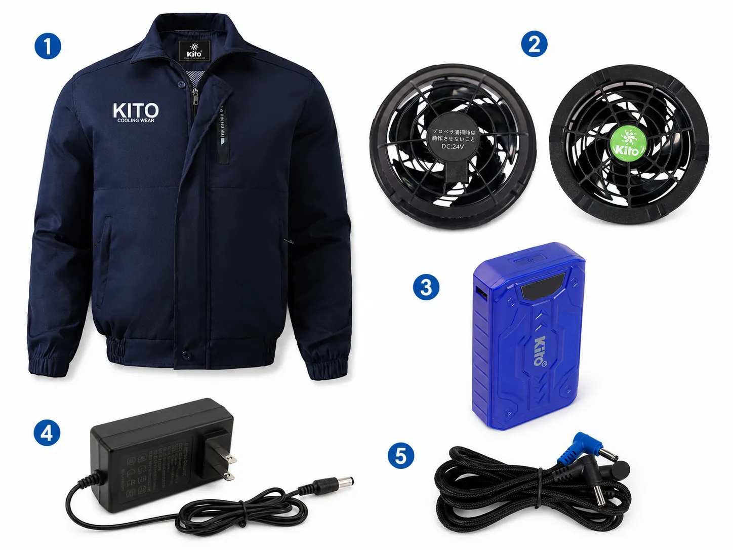 Bộ áo điều hòa KITO gồm áo pin quạt sạc và dây nối