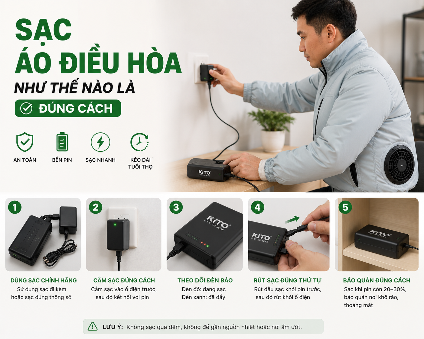 Hướng dẫn sạc áo điều hòa đúng cách