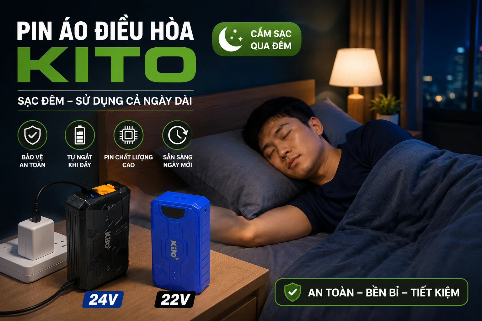 Sạc pin áo điều hòa buổi tối dùng cả ngày làm việc